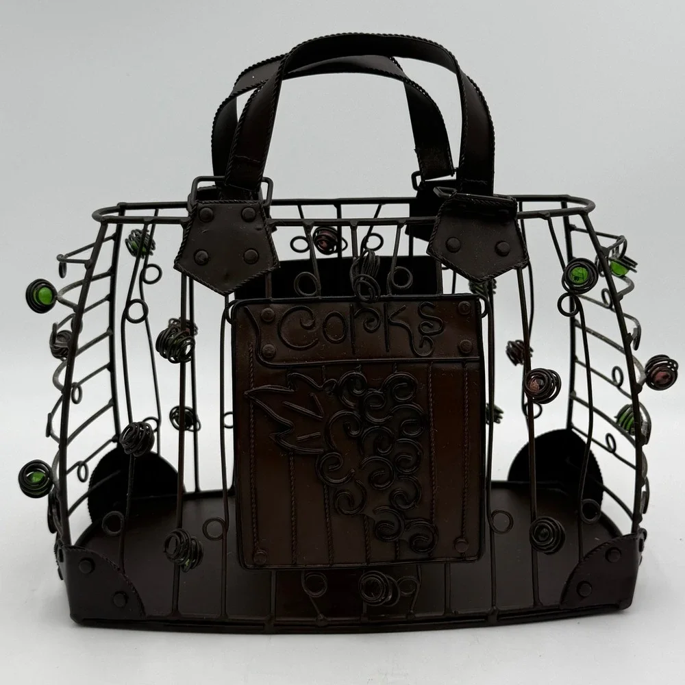Epic Products Metal Purse Wine Cork Holder Cage Bronze Handbag Decor Grapes